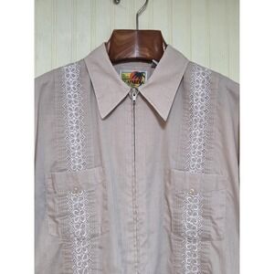 Haband Guayabera Shirt Mens XL Beige Embroidered Zip Front Short Sleeve